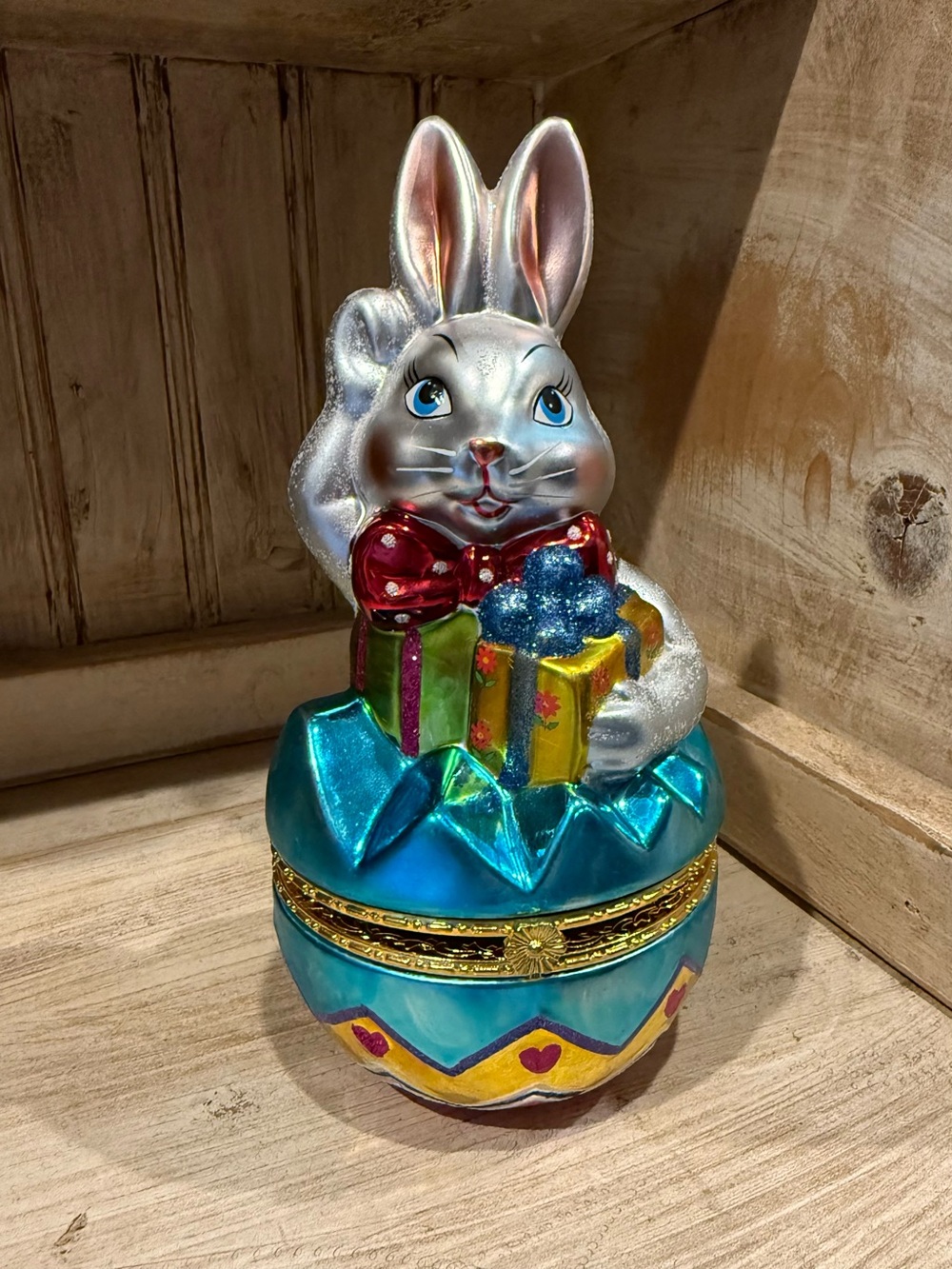 Christopher Radko Silver Bunny Trinket Box with Blue and Gold Egg Base